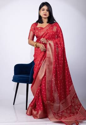 Women's red block print cotton silk blend saree with unstitched piece 1