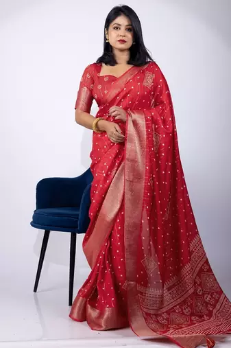 Women's red block print cotton silk blend saree with unstitched piece