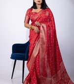Women's red block print cotton silk blend saree with unstitched piece