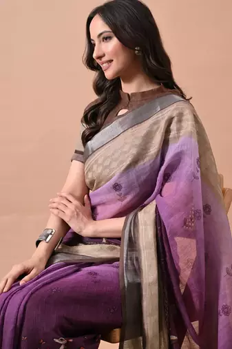 Women's purple floral print cotton blend saree with unstitched piece