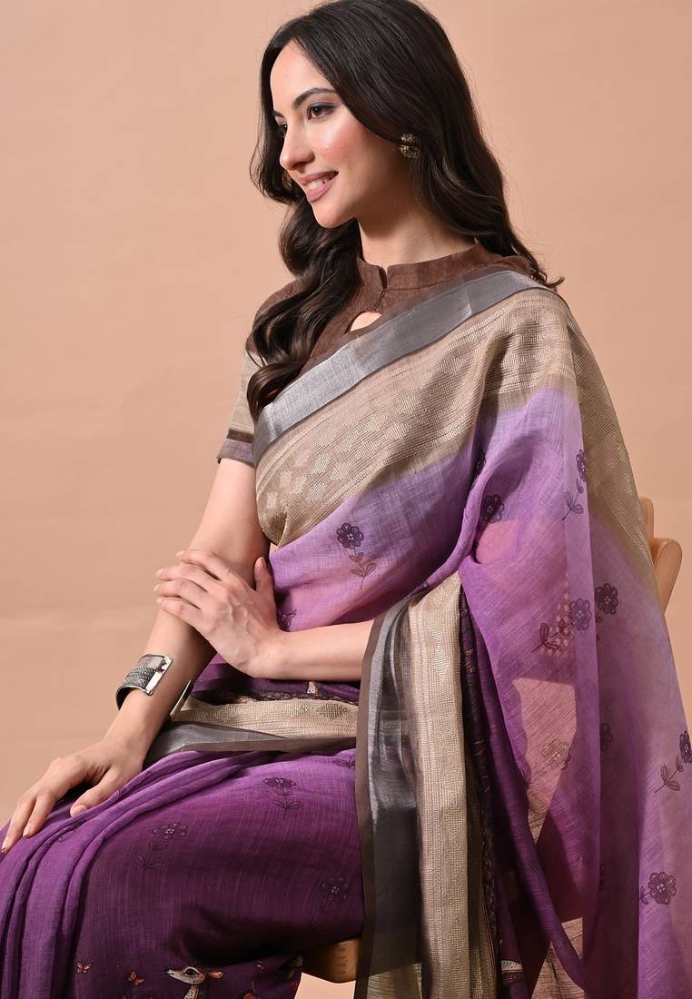 Women's purple floral print cotton blend saree with unstitched piece