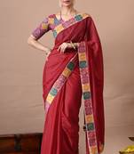Women's red embellished georgette saree with unstitched piece