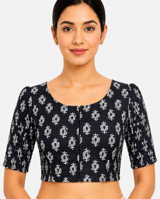 Black printed inner cotton lining side (smocked) stretchable top readymade saree blouse 1