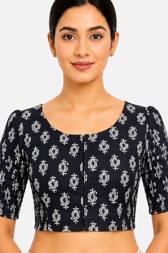 Black printed inner cotton lining side (smocked) stretchable top readymade saree blouse
