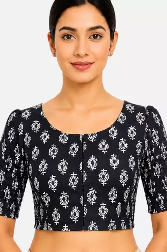 Black printed inner cotton lining side (smocked) stretchable top readymade saree blouse