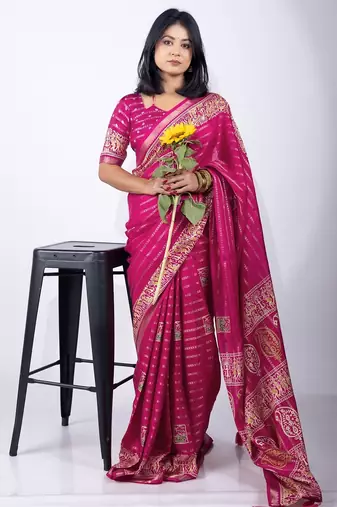 Women's pink zari woven stripes cotton silk blend saree with unstitched piece