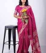Women's pink zari woven stripes cotton silk blend saree with unstitched piece