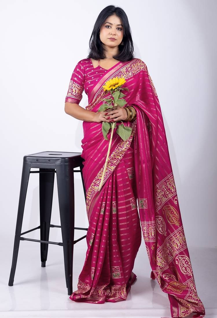 Women's pink zari woven stripes cotton silk blend saree with unstitched piece