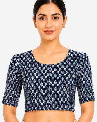 Blue printed inner cotton lining side (smocked) stretchable top readymade saree blouse 1