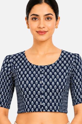 Blue printed inner cotton lining side (smocked) stretchable top readymade saree blouse