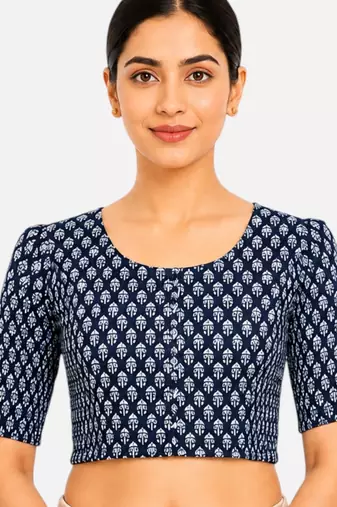 Blue printed inner cotton lining side (smocked) stretchable top readymade saree blouse
