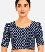Blue printed inner cotton lining side (smocked) stretchable top readymade saree blouse