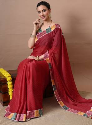 Women's red embellished georgette saree with unstitched piece 2