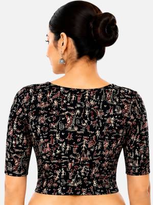 Black kalamkari printed inner cotton lining side (smocked) stretchable top readymade saree blouse 2