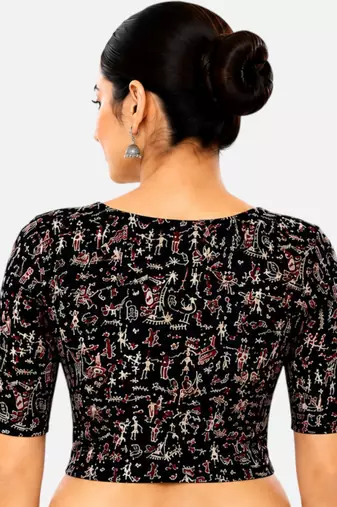 Black kalamkari printed inner cotton lining side (smocked) stretchable top readymade saree blouse