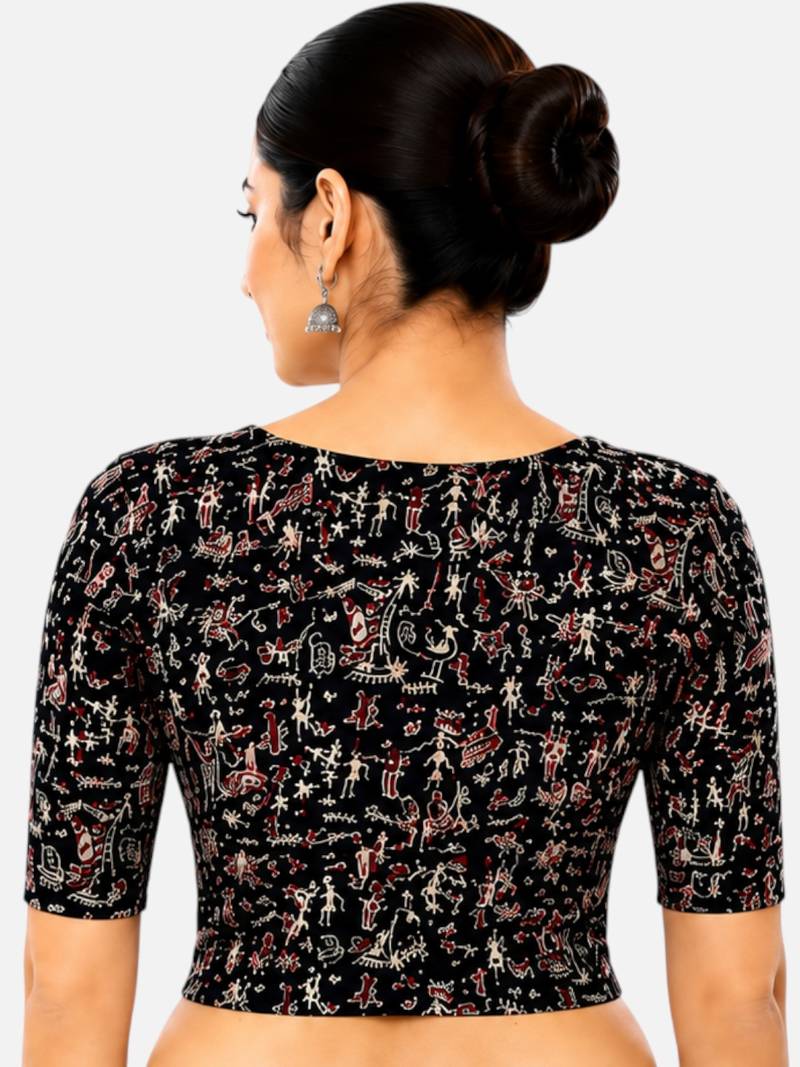Black kalamkari printed inner cotton lining side (smocked) stretchable top readymade saree blouse