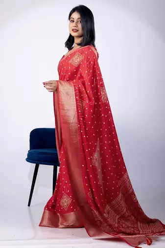 Women's red block print cotton silk blend saree with unstitched piece