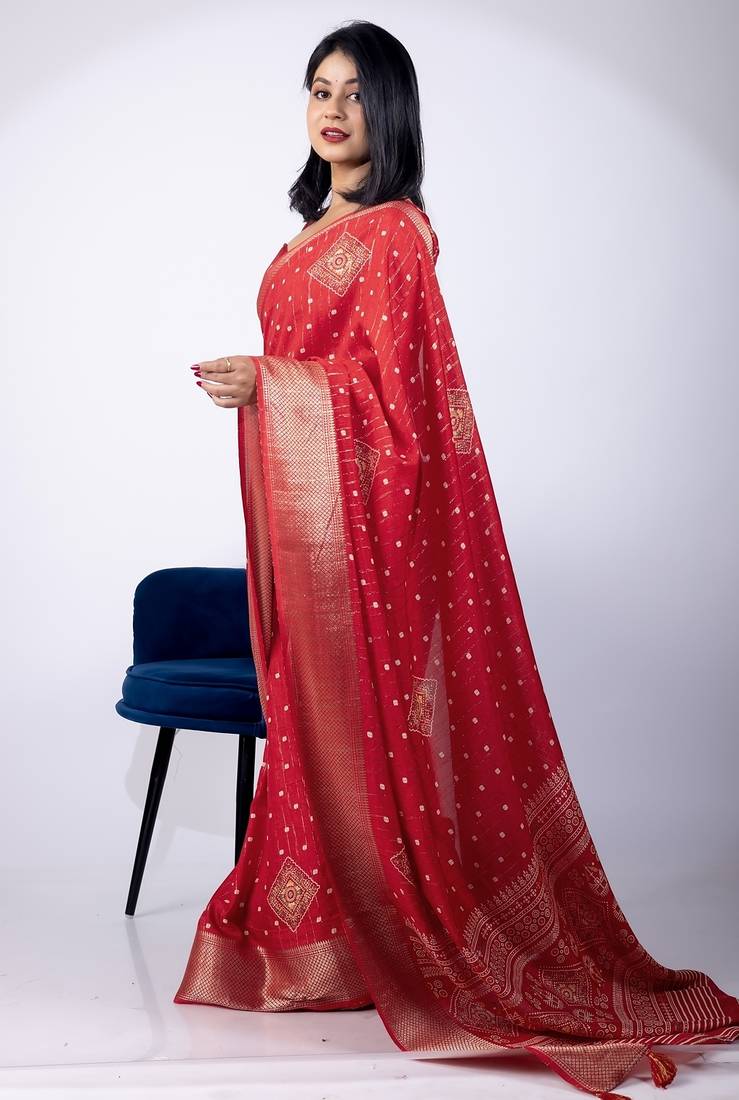 Women's red block print cotton silk blend saree with unstitched piece