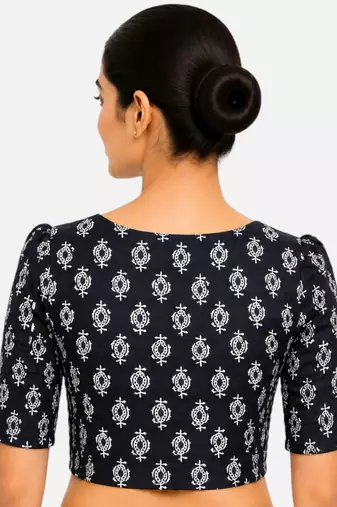 Black printed inner cotton lining side (smocked) stretchable top readymade saree blouse