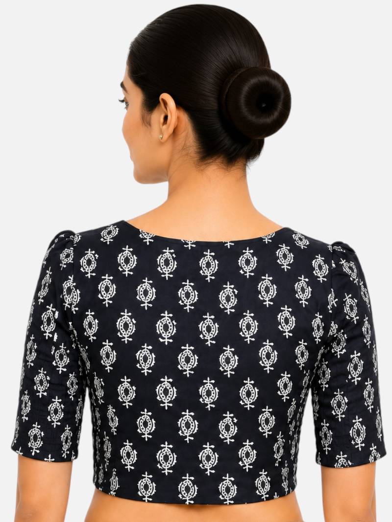 Black printed inner cotton lining side (smocked) stretchable top readymade saree blouse