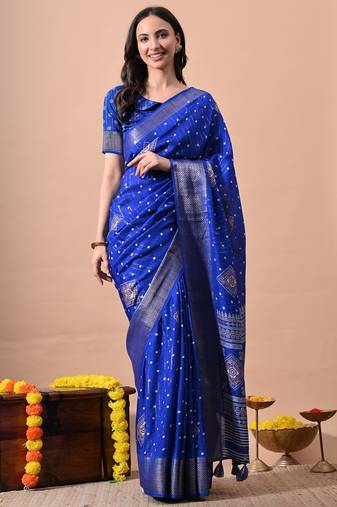 Women's blue block print cotton silk blend saree with unstitched piece