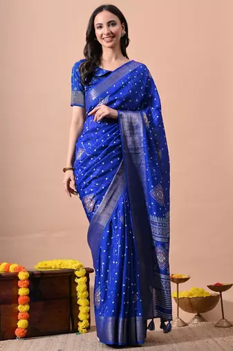 Women's blue block print cotton silk blend saree with unstitched piece