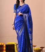 Women's blue block print cotton silk blend saree with unstitched piece