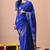 Women's blue block print cotton silk blend saree with unstitched piece