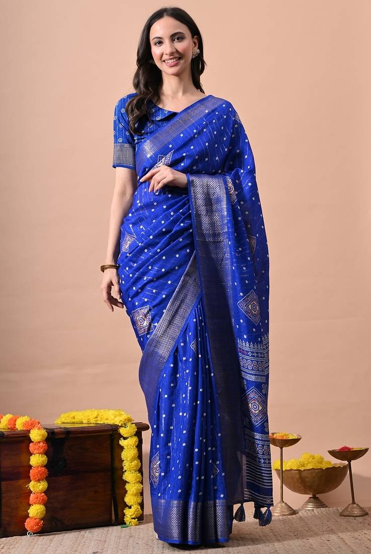 Women's blue block print cotton silk blend saree with unstitched piece