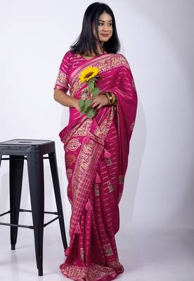 Women's pink zari woven stripes cotton silk blend saree with unstitched piece 2