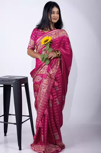 Women's pink zari woven stripes cotton silk blend saree with unstitched piece