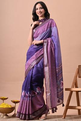 Women's purple floral print cotton blend saree with unstitched piece 5