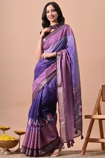 Women's purple floral print cotton blend saree with unstitched piece