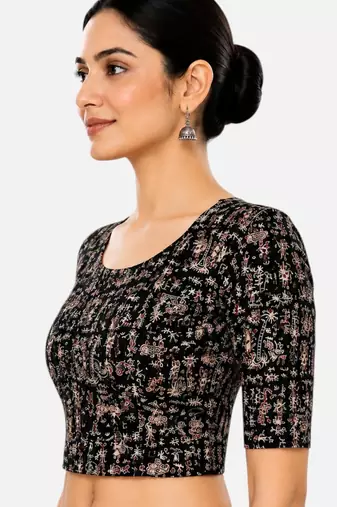 Black kalamkari printed inner cotton lining side (smocked) stretchable top readymade saree blouse