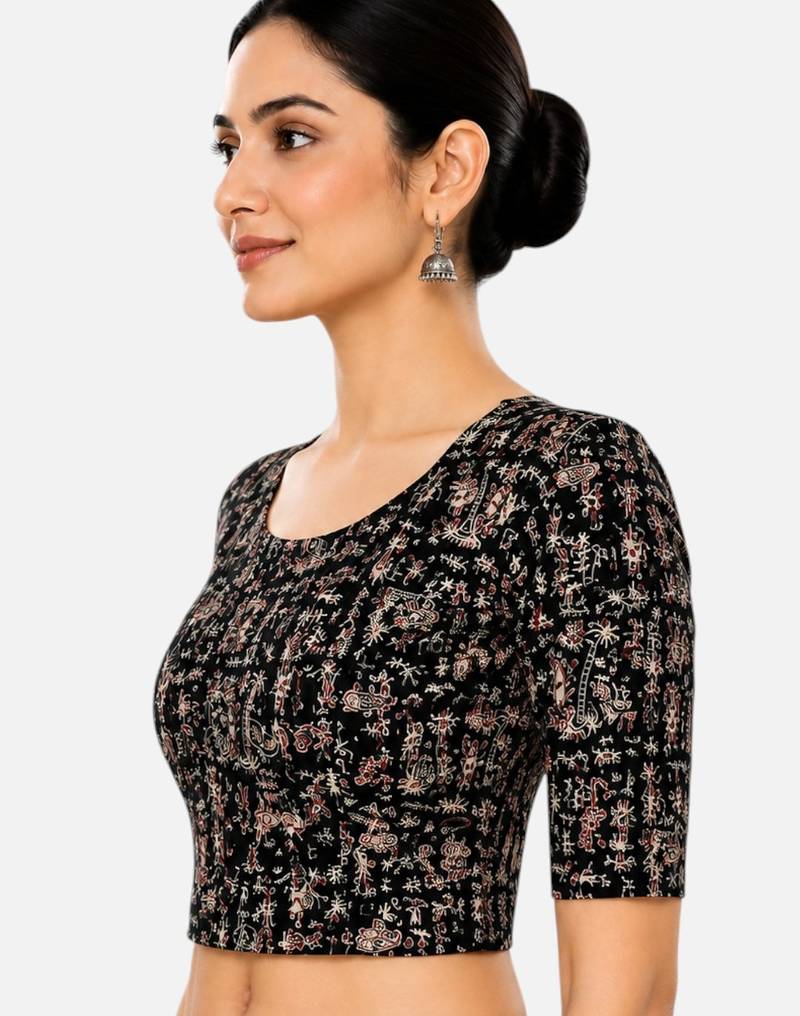 Black kalamkari printed inner cotton lining side (smocked) stretchable top readymade saree blouse