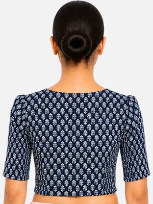 Blue printed inner cotton lining side (smocked) stretchable top readymade saree blouse 2