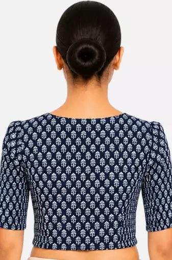 Blue printed inner cotton lining side (smocked) stretchable top readymade saree blouse
