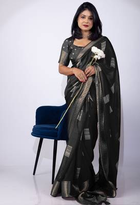Women's black block print cotton silk blend saree with unstitched piece 1