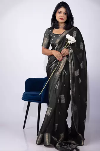 Women's black block print cotton silk blend saree with unstitched piece