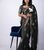 Women's black block print cotton silk blend saree with unstitched piece
