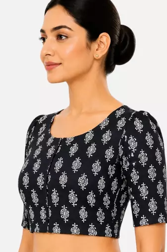 Black printed inner cotton lining side (smocked) stretchable top readymade saree blouse