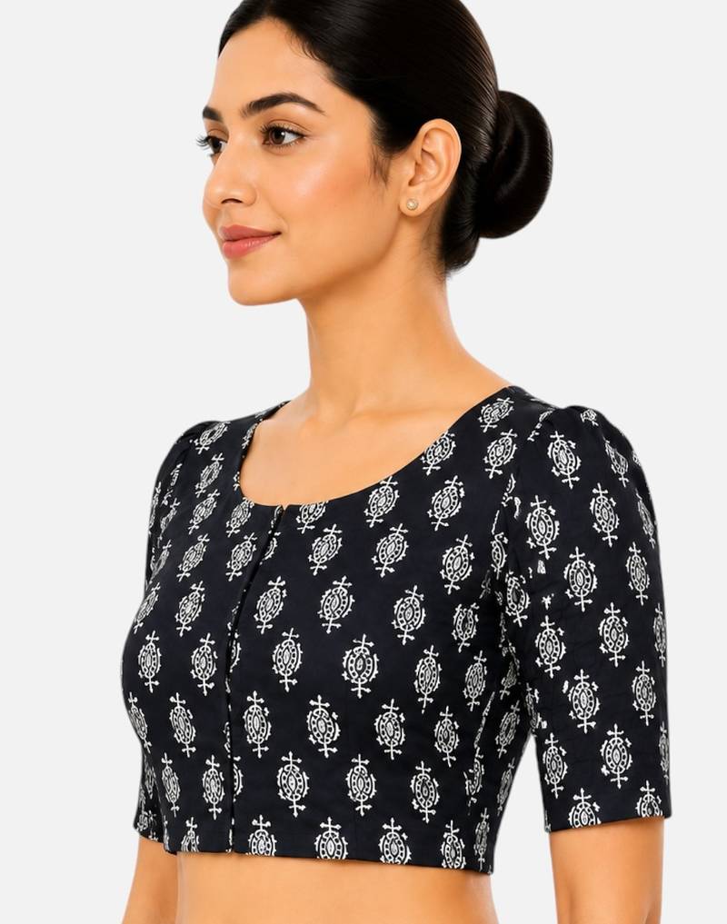 Black printed inner cotton lining side (smocked) stretchable top readymade saree blouse