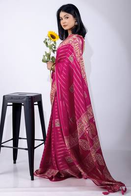 Women's pink zari woven stripes cotton silk blend saree with unstitched piece 3