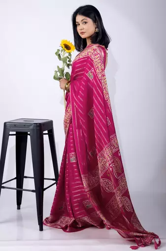 Women's pink zari woven stripes cotton silk blend saree with unstitched piece