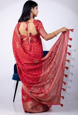 Women's red block print cotton silk blend saree with unstitched piece 3