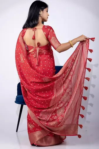 Women's red block print cotton silk blend saree with unstitched piece