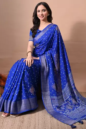 Women's blue block print cotton silk blend saree with unstitched piece
