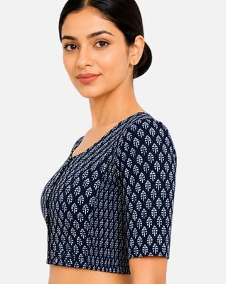 Blue printed inner cotton lining side (smocked) stretchable top readymade saree blouse 3