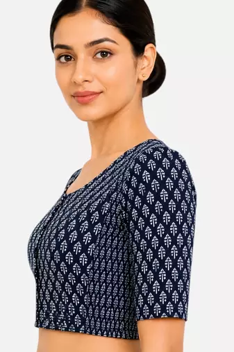 Blue printed inner cotton lining side (smocked) stretchable top readymade saree blouse