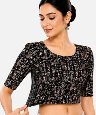 Black kalamkari printed inner cotton lining side (smocked) stretchable top readymade saree blouse 4